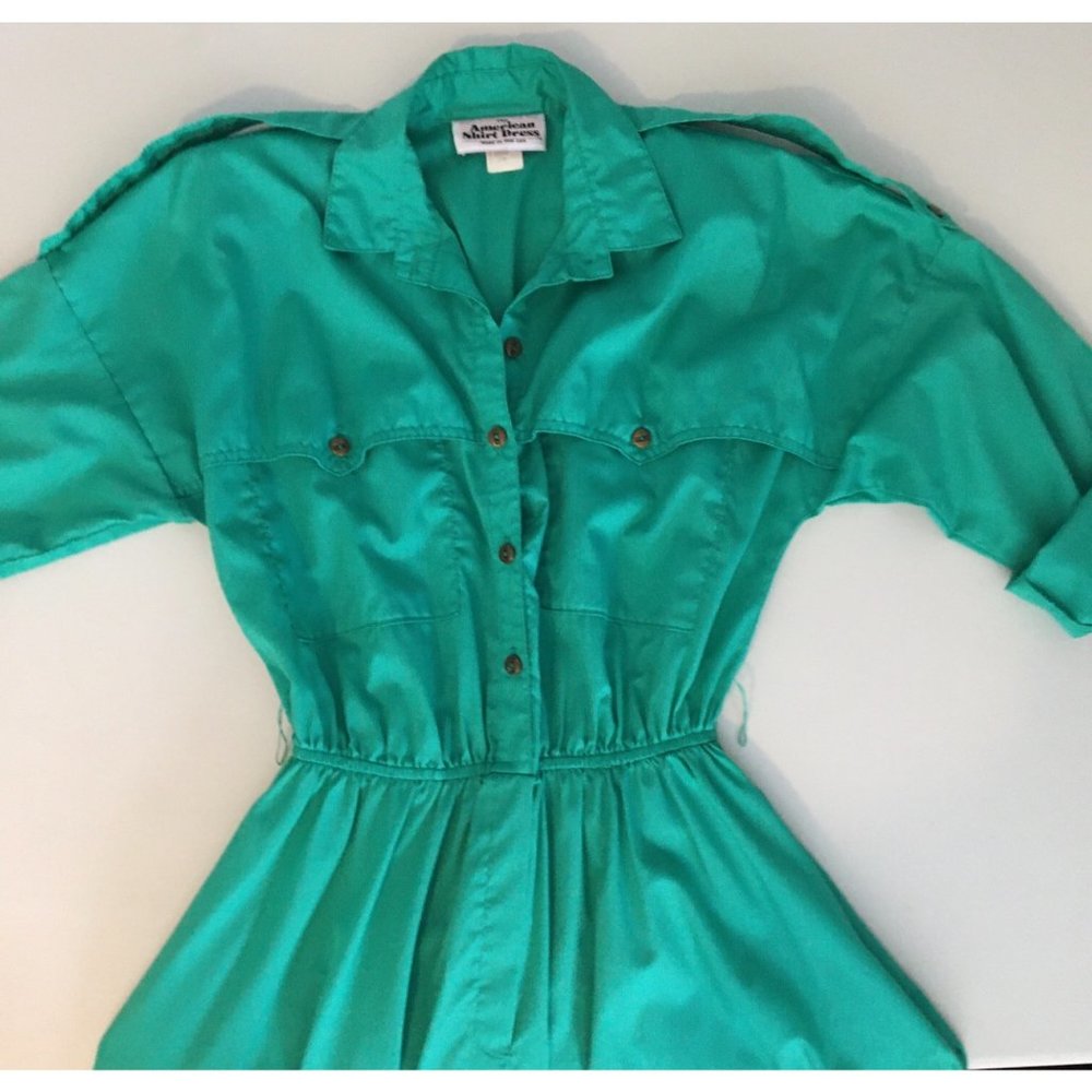 Vintage 80s Day Dress, Green Shirt Dress, Vintage Dress with Pockets Size Medium - Picture 7 of 14